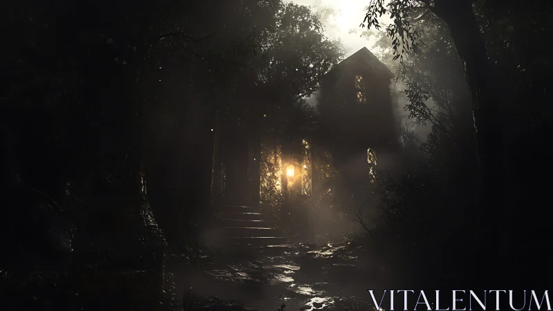 Lanternlit forest manor breathing fog and whispered warnings.