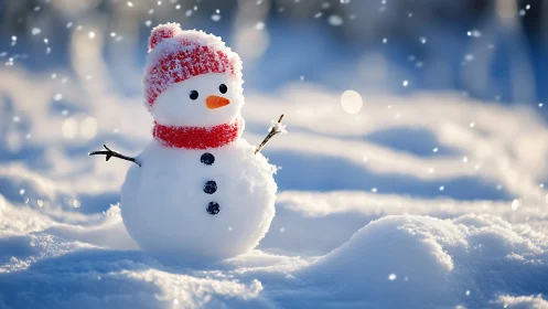 Snowman in red knit hat on sunlit winter field.
