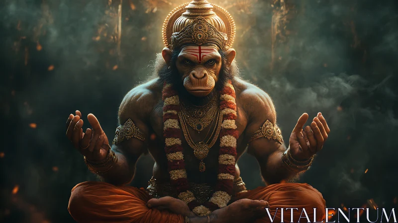 Meditating monkey deity in ember-lit divine stillness.