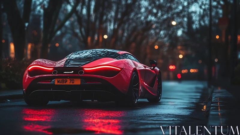 Red sports car sits on wet city street at dusk