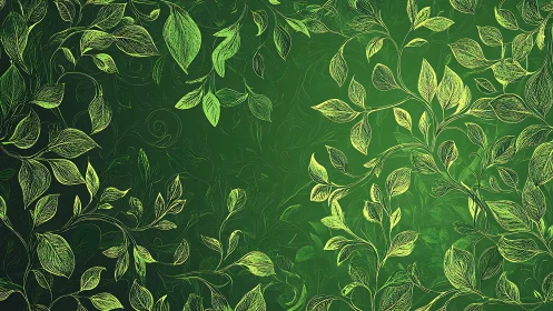 Botanical linework foliage on gradient green field pattern.