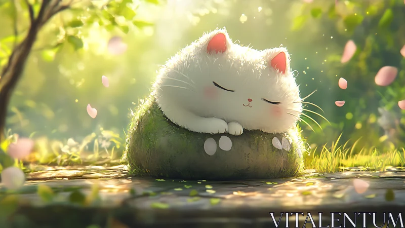 Fluffy white cat sleeping on moss cushion in golden grove.