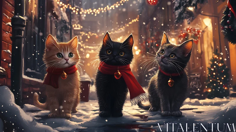 Three Festive Cats in Snow-Dusted Holiday Alley.