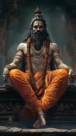 Serene sage in orange robes resting in quiet temple power.