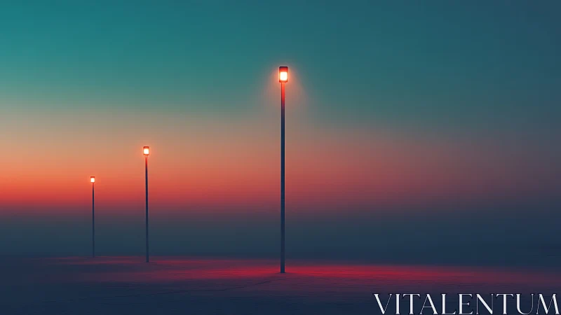 Minimal streetlights against vivid gradient sunset sky.