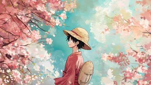 Straw hat figure walking under stylized pink blossoms.
