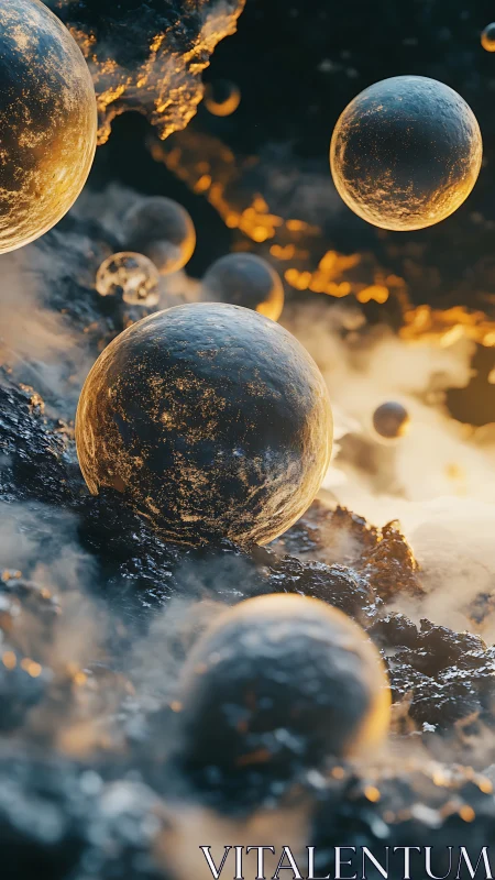 Luminous molten spheres drift through smoky cosmic chasm.