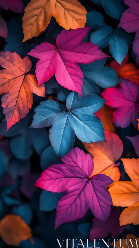 Colorful autumn leaves in bold pink, blue, and orange.