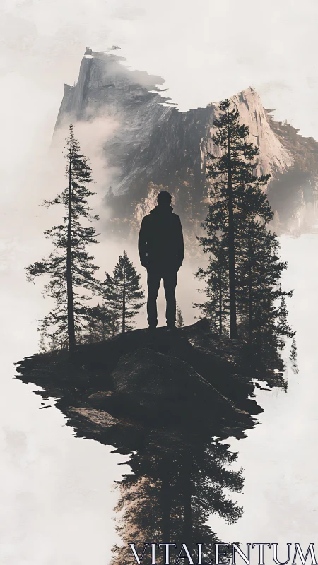 Silhouetted figure on forest outcrop with mirrored reflection.