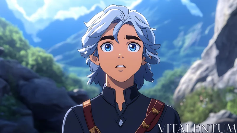 Young silver-haired adventurer gazes in awe at vast landscape.