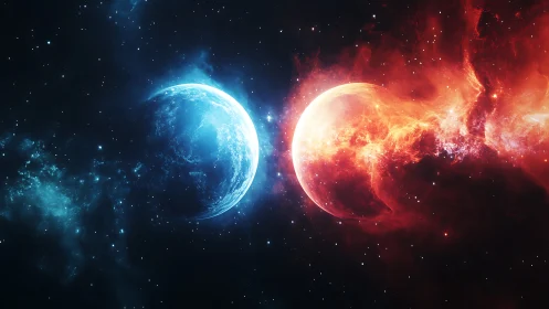 Binary planetary collision with blue and red plasma exchange