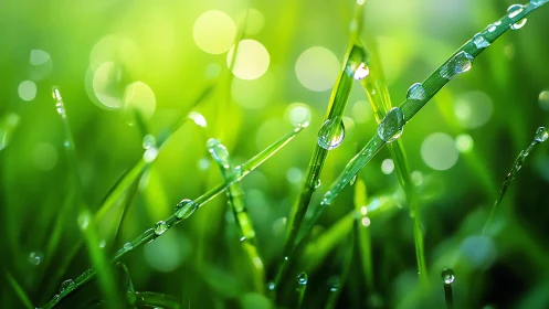 Macro depth-of-field study of dew droplets on vibrant grass blades