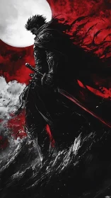 Lone dark swordsman strides beneath a bloodred moon