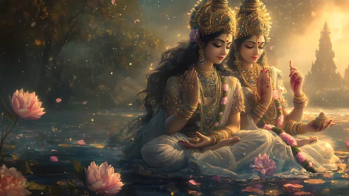 Divine female figures seated on lotus filled reflective water.