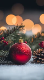 Red Christmas bauble rests in soft snow with warm lights