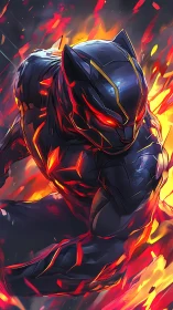 Fierce futuristic panther hero racing through molten light.