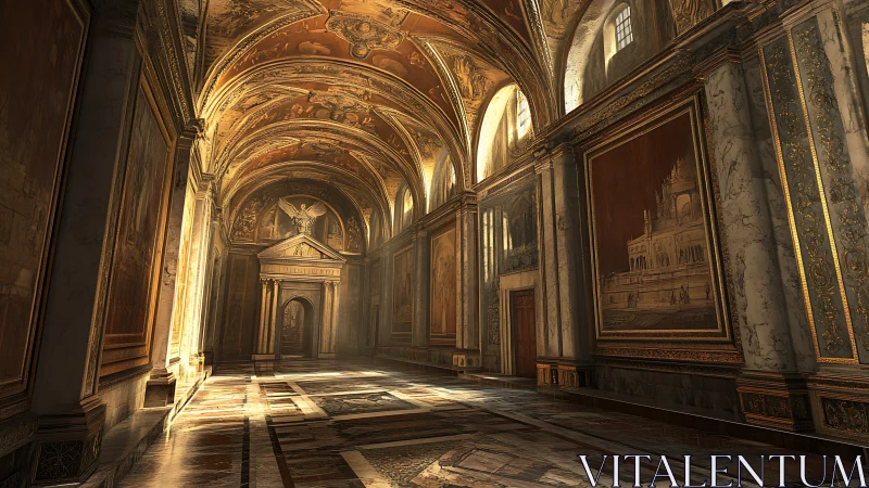 Renaissance arcade corridor rendered with volumetric golden light