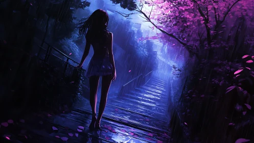 Silhouetted figure on wet stairway under violet foliage.