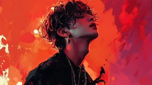 Portrait captures pensive youth against blazing red backdrop