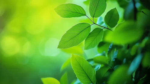Green leaves glow against soft bokeh forest light. Period.