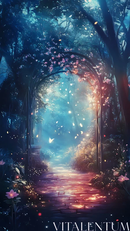 Enchanted garden archway leading into glowing forest path.