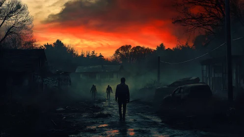 Figures on deserted road under red dusk sky in ruins.
