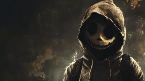 Hooded skull-faced figure emerges from grunge darkness.