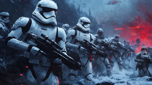 Armored sci fi soldiers advance through snowy battlefield