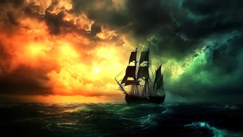 Three-masted sailing ship on dark sea under vivid storm sky.