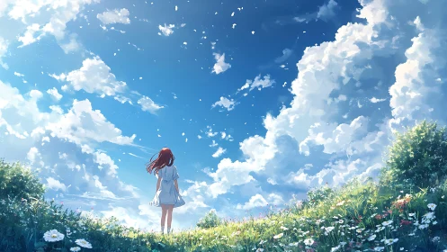 Figure stands in flower field beneath cumulonimbus cloudscape