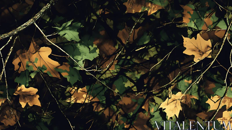 Golden leaves resting softly in a tangle of forest branches.