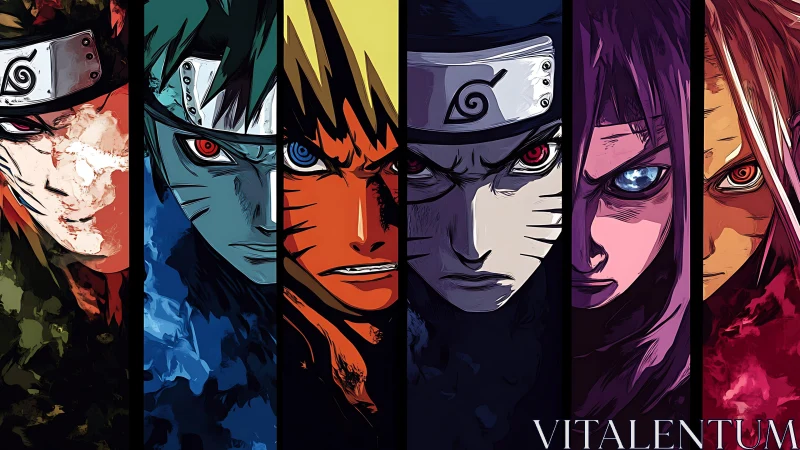 Intense split-portrait montage with stylized anime warriors.