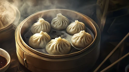 Steaming soup dumplings rest in a bamboo steamer basket.