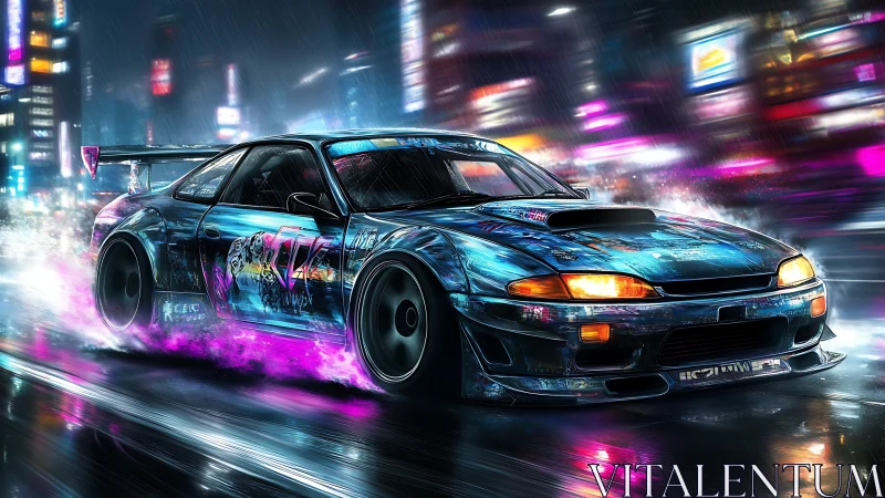 Neon-lit drift car with aero widebody kit on wet cyberpunk street