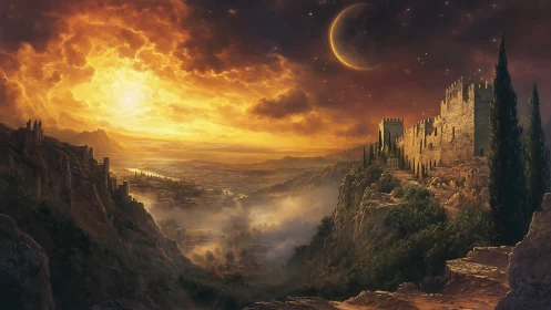Ancient cliffside fortress glows under fiery twin skies.