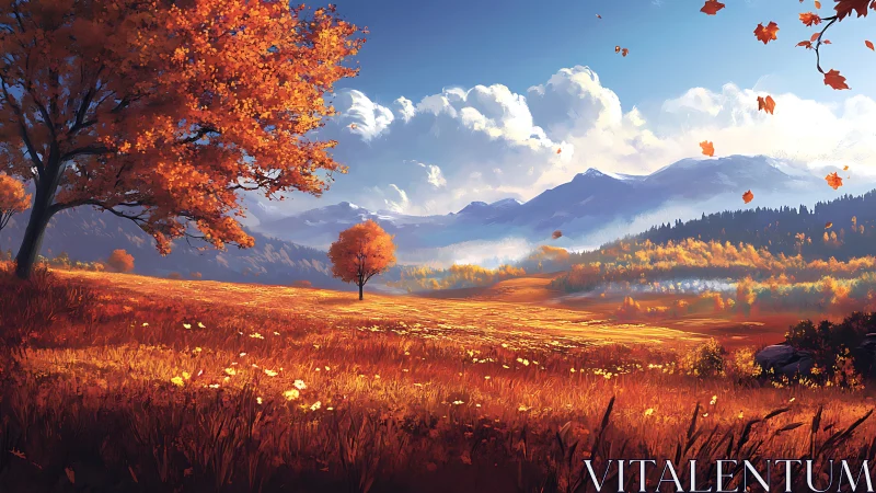 Autumn meadow blaze beneath roaming clouds and blue mountains.