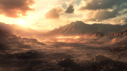 Volcanic valley under blazing sunset with cinematic haze.