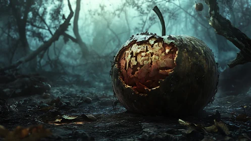 Rotting jack o lantern in eerie misty forest clearing.