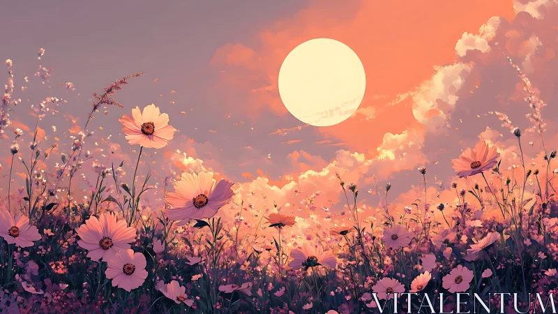 Golden Hour Cosmos: Wildflower Field Beneath Celestial Sun