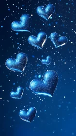 Floating translucent blue hearts on dark abstract background.