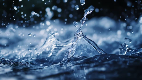 Macro water splash crowns under deep blue lighting.