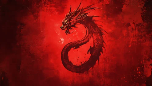 Crimson dragon coil in a storm of fiery painterly mist.