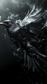 Digital painting study of a raven dissolving into smoke forms.
