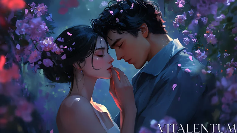 Romantic embrace among blooming purple flowers.
