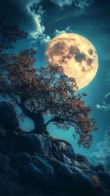Moonlit oak leans into a huge glowing sky lantern