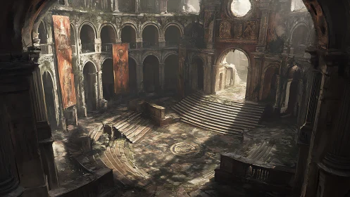 Ruined grand hall with decayed arches and stone steps.