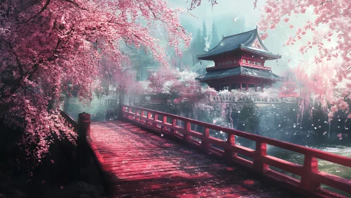 Cherry blossom bridge frames serene lakeside temple view.