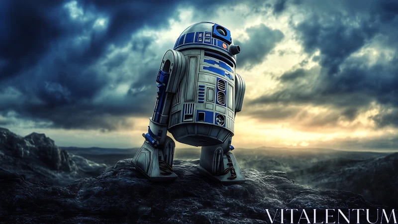 Lonely little droid studies a stormy alien sunrise in awe