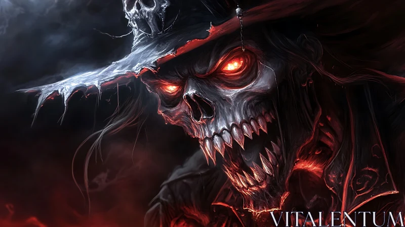 Flaming demon skull cowboy with glowing eyes and fanged grin.