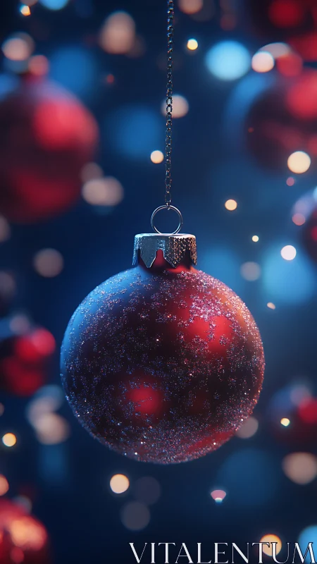 Glitter-dusted red ornament drifting in dreamy festive glow.